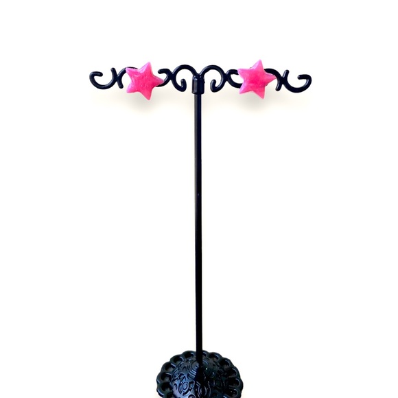 Handmade Hot Pink Glittery Star Studs - Handcrafted - One of a Kind - Picture 1 of 4